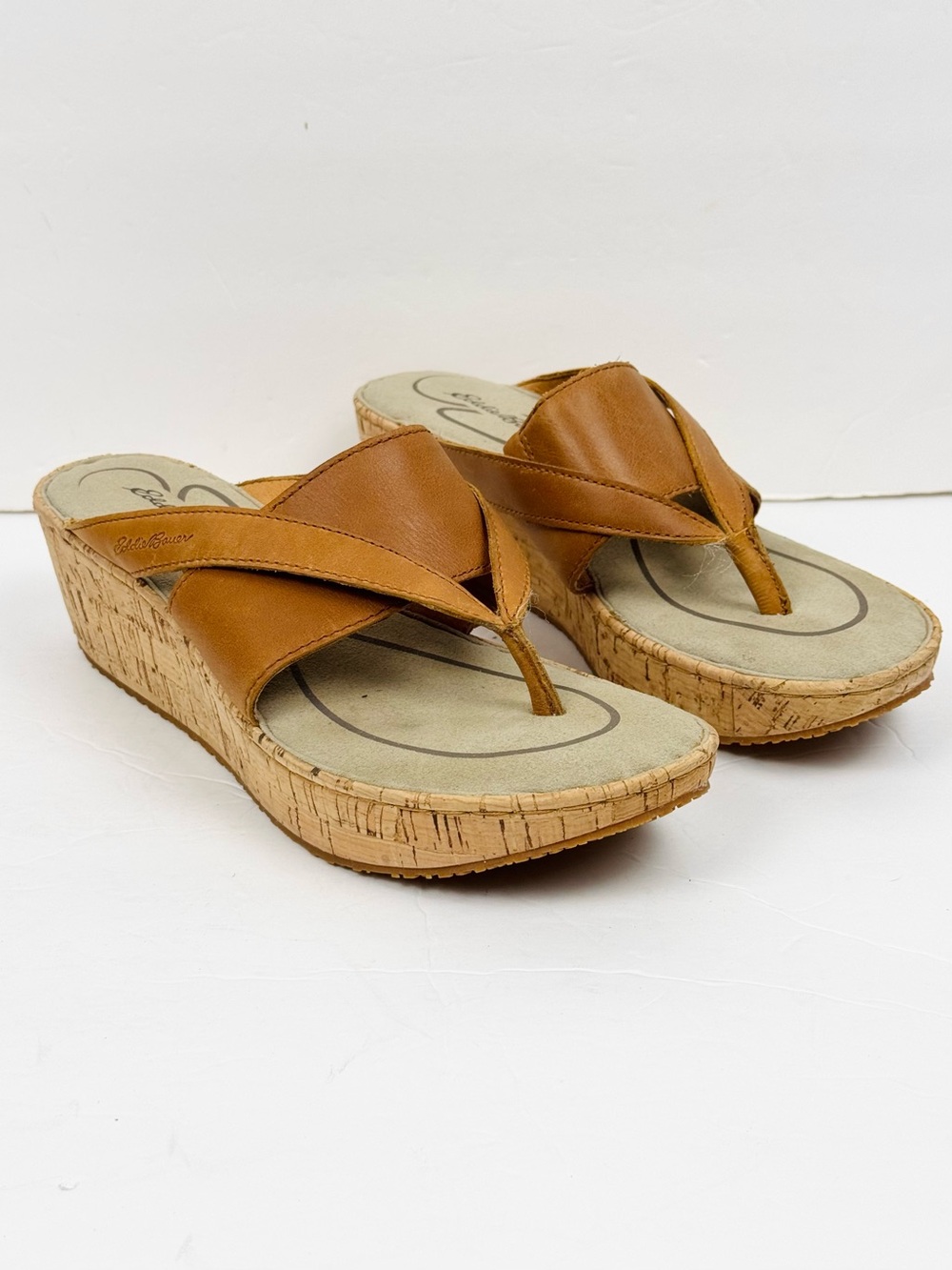 Eddie Bauer Cognac Leather Thong Wedge Sandals Size  8.5.